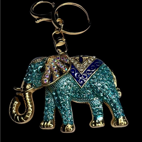 Teal Crystal Elephant Purse Charm Keychain with Gold Accents - Picture 2 of 2